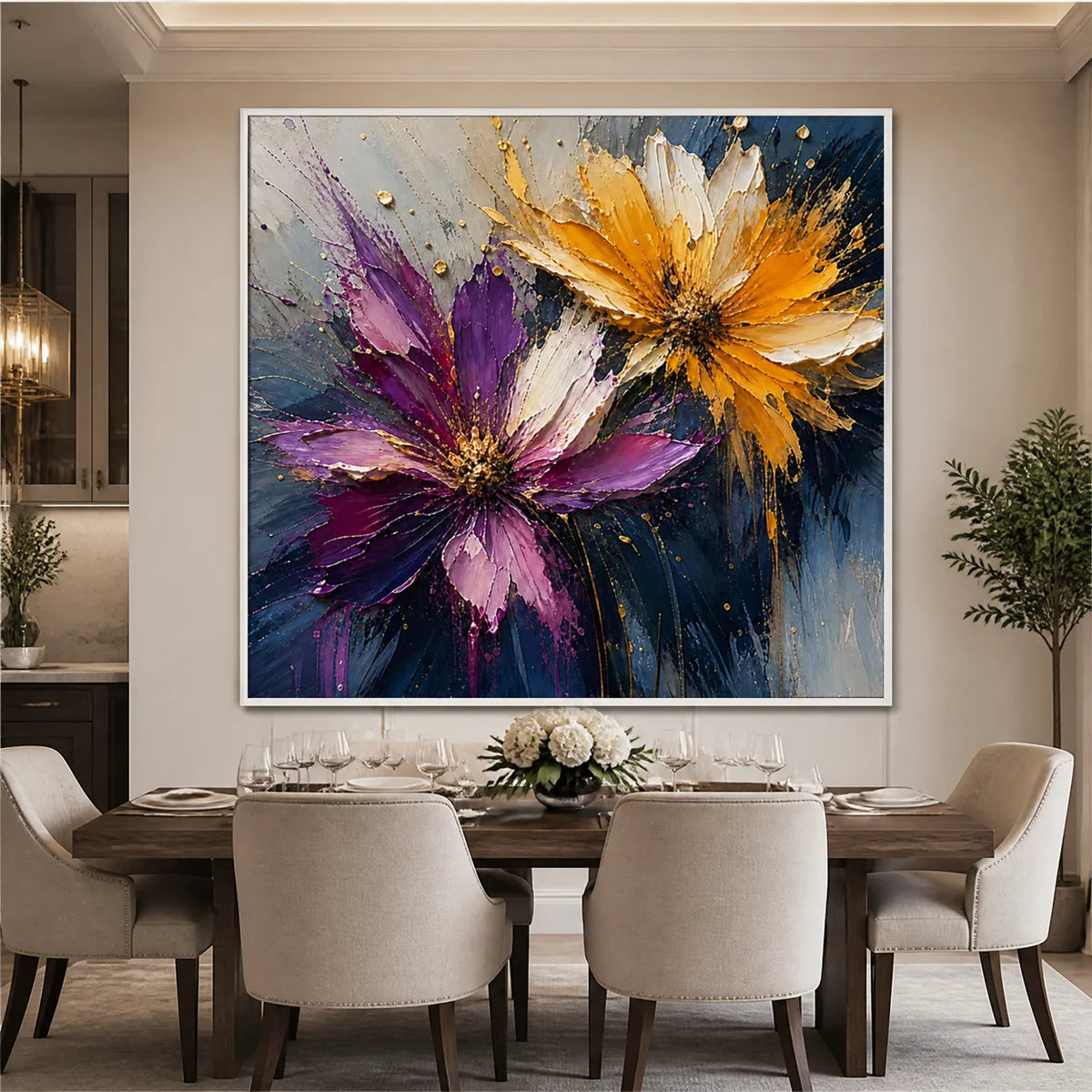 Nocturne Petals in a refined dining room with white frame