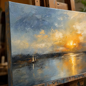 Close-up detail of Afterglow Waterline showing hand-painted texture and part of the frame