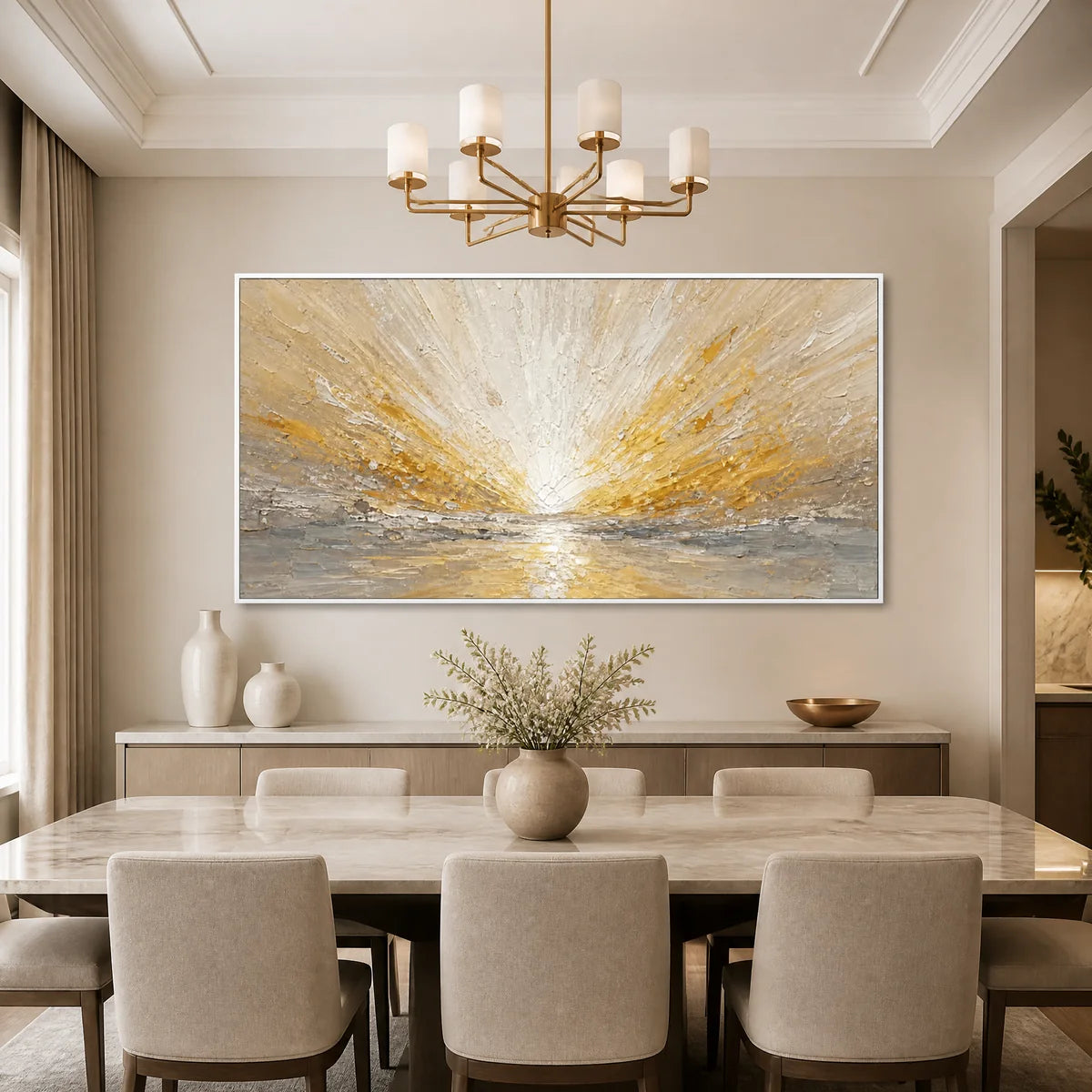 Radiant Horizon in a refined dining room with white frame