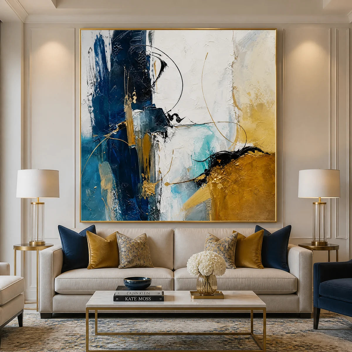 Azure Faultline in a refined living room with gold frame