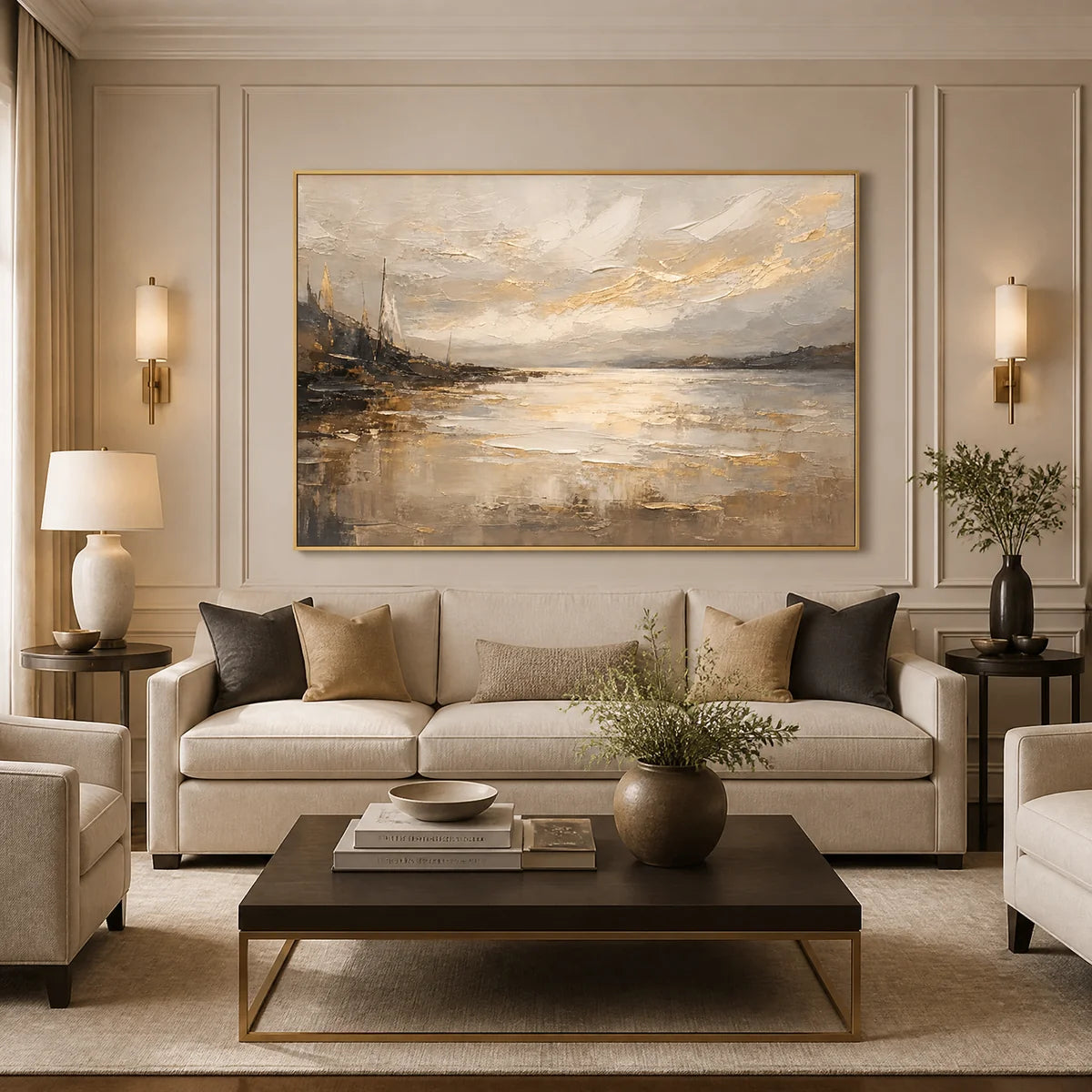 Mist Over Estuary in a refined living room with gold frame