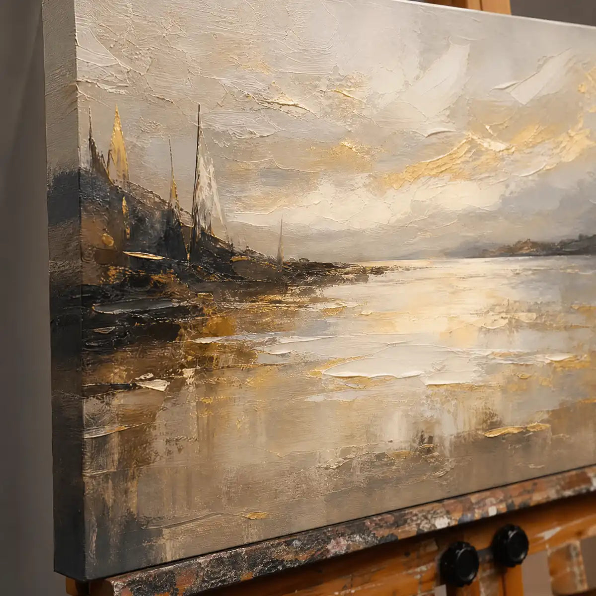 Close-up detail of Mist Over Estuary showing hand-painted texture and part of the frame