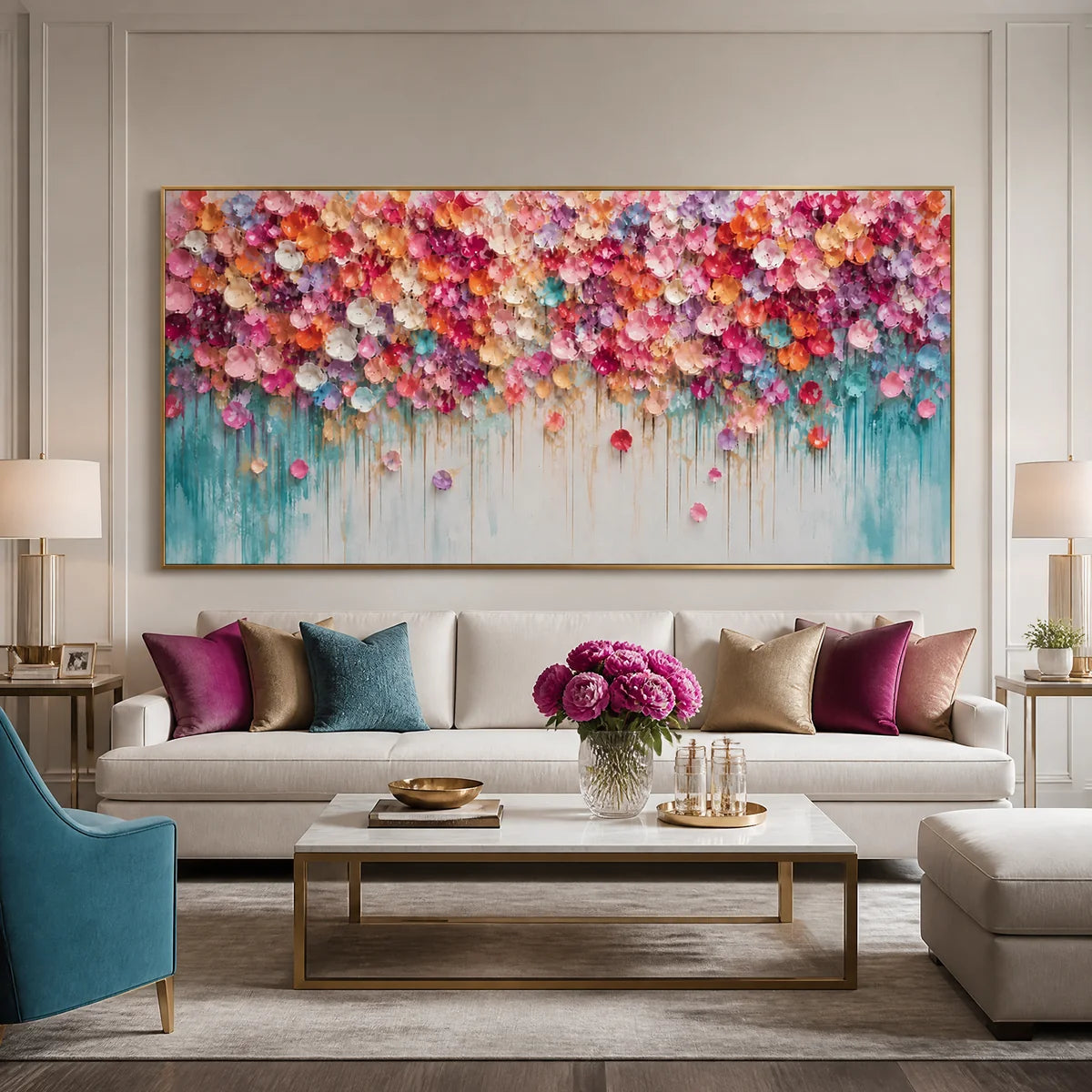 Festival Bloom Cascade in a refined living room with gold frame