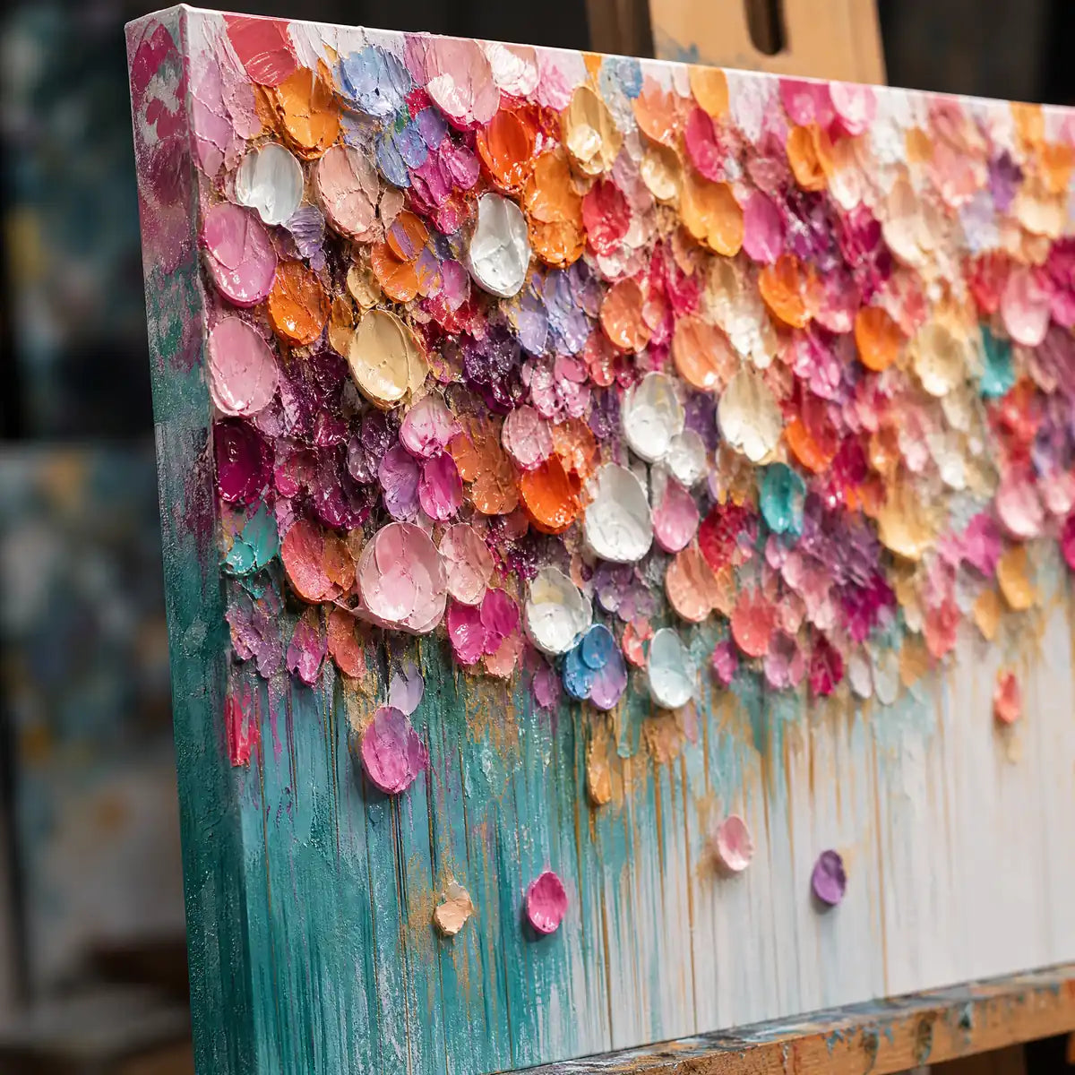 Close-up detail of Festival Bloom Cascade showing hand-painted texture and part of the frame