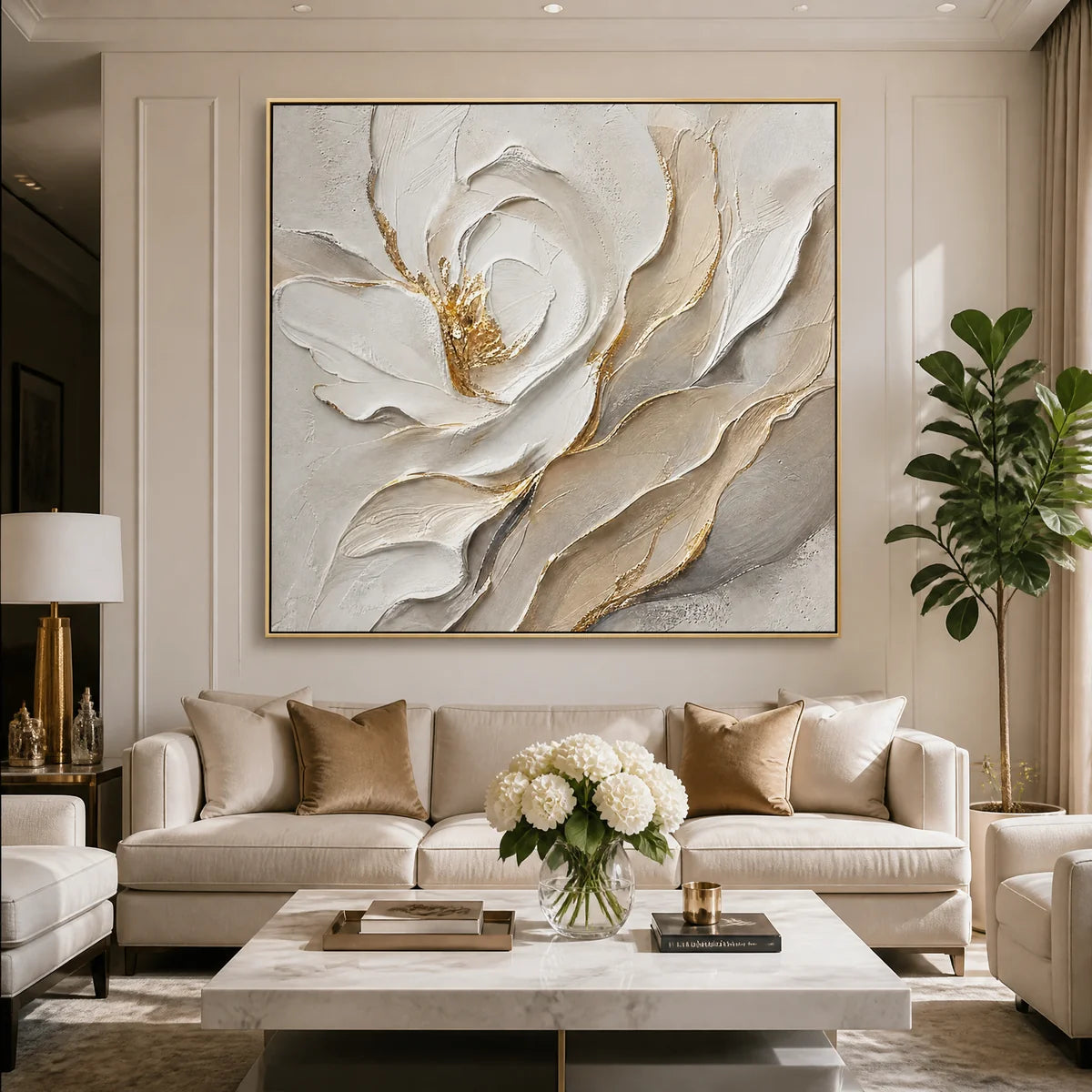 Ivory Magnolia Relief in a refined living room with gold frame
