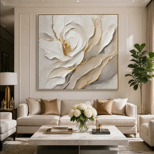 Ivory Magnolia Relief in a refined living room with gold frame