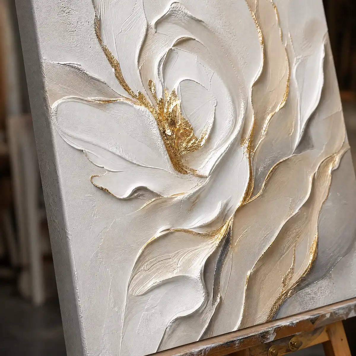 Close-up detail of Ivory Magnolia Relief showing hand-painted texture and part of the frame