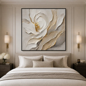 Ivory Magnolia Relief in a refined bedroom with black frame