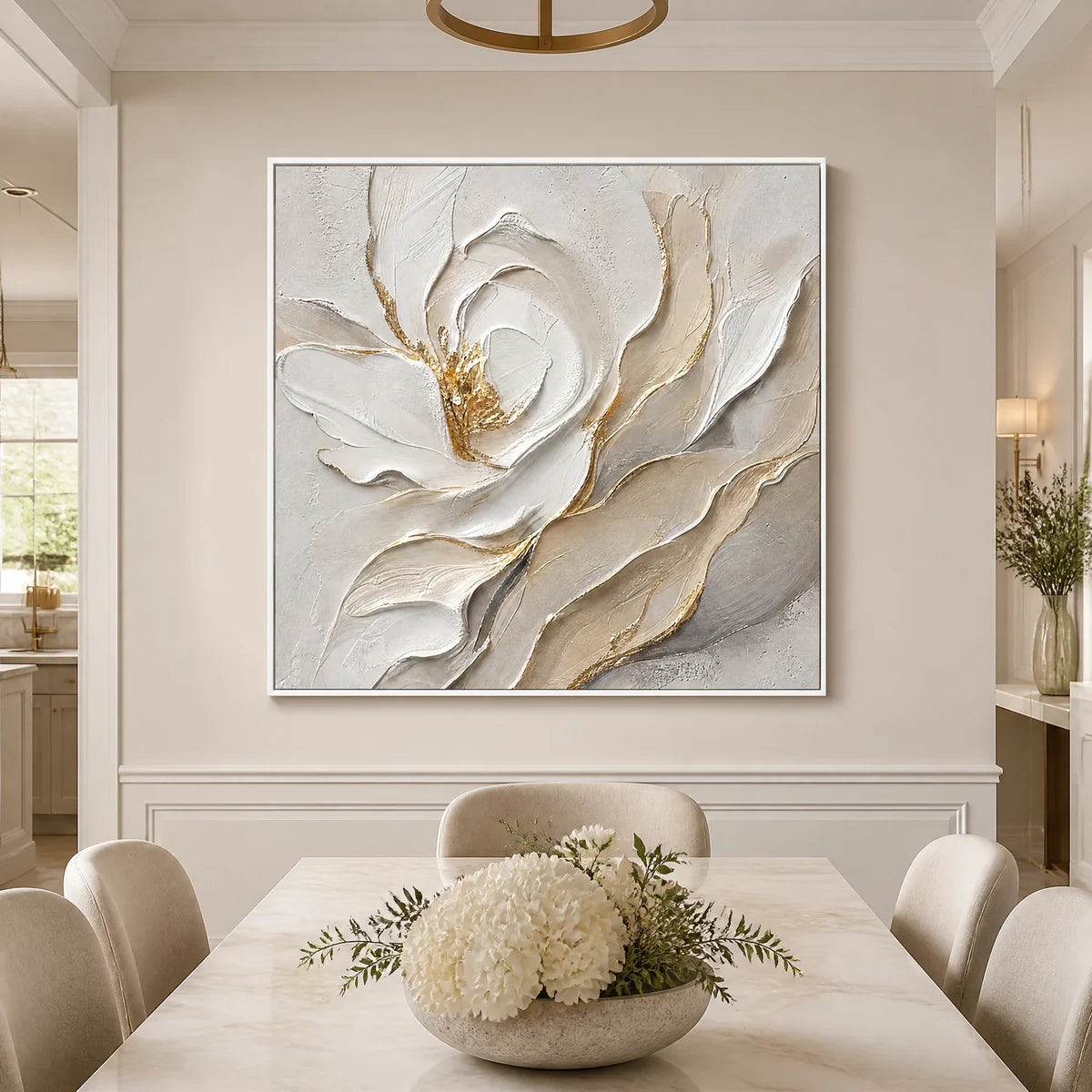 Ivory Magnolia Relief in a refined dining room with white frame
