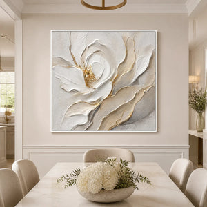 Ivory Magnolia Relief in a refined dining room with white frame