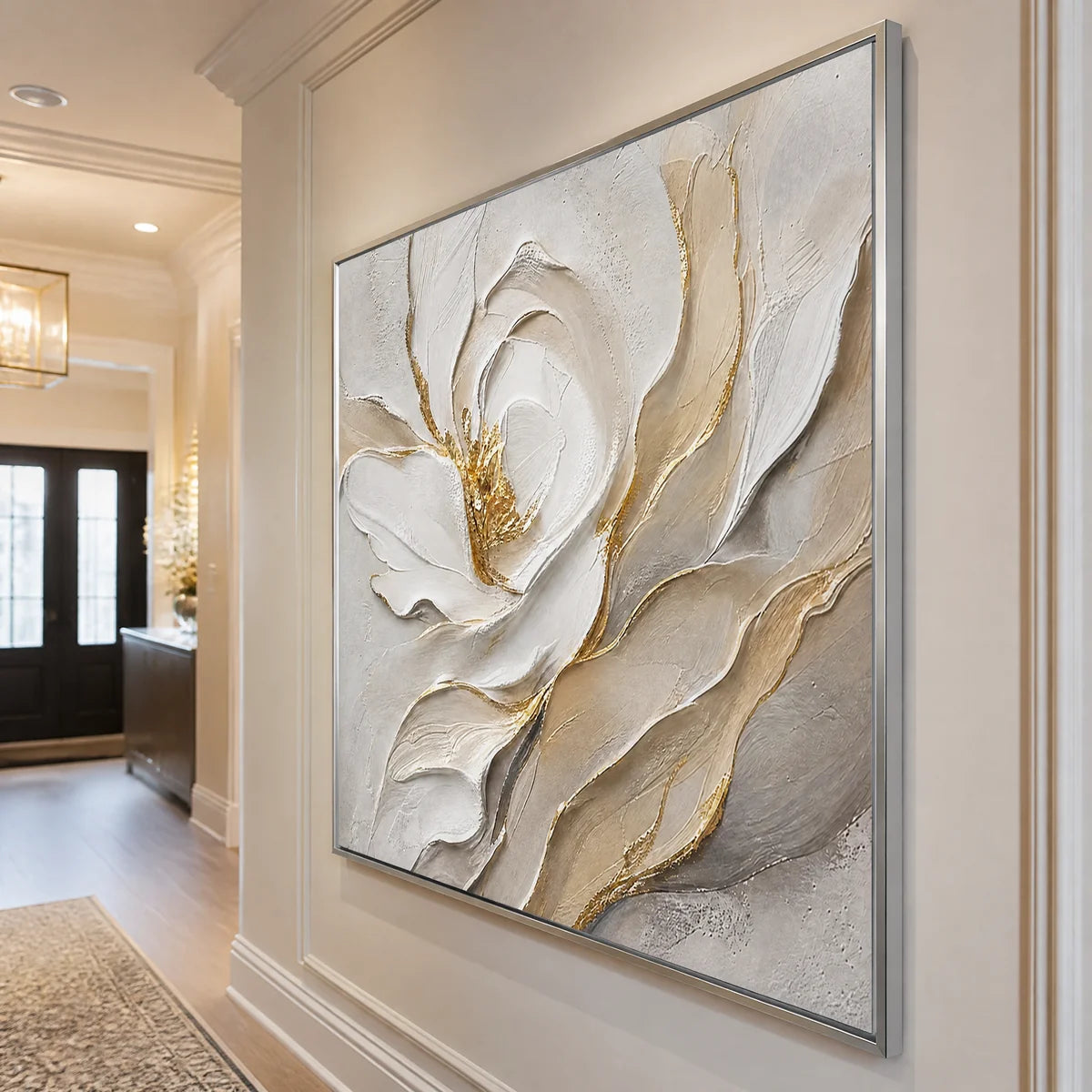 Ivory Magnolia Relief in a refined entry hall with silver frame