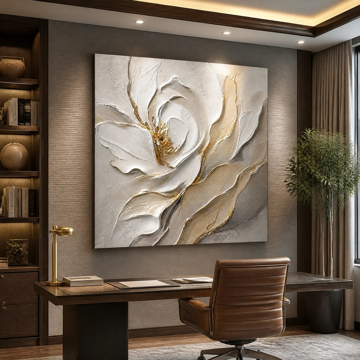Ivory Magnolia Relief in a refined office, frameless