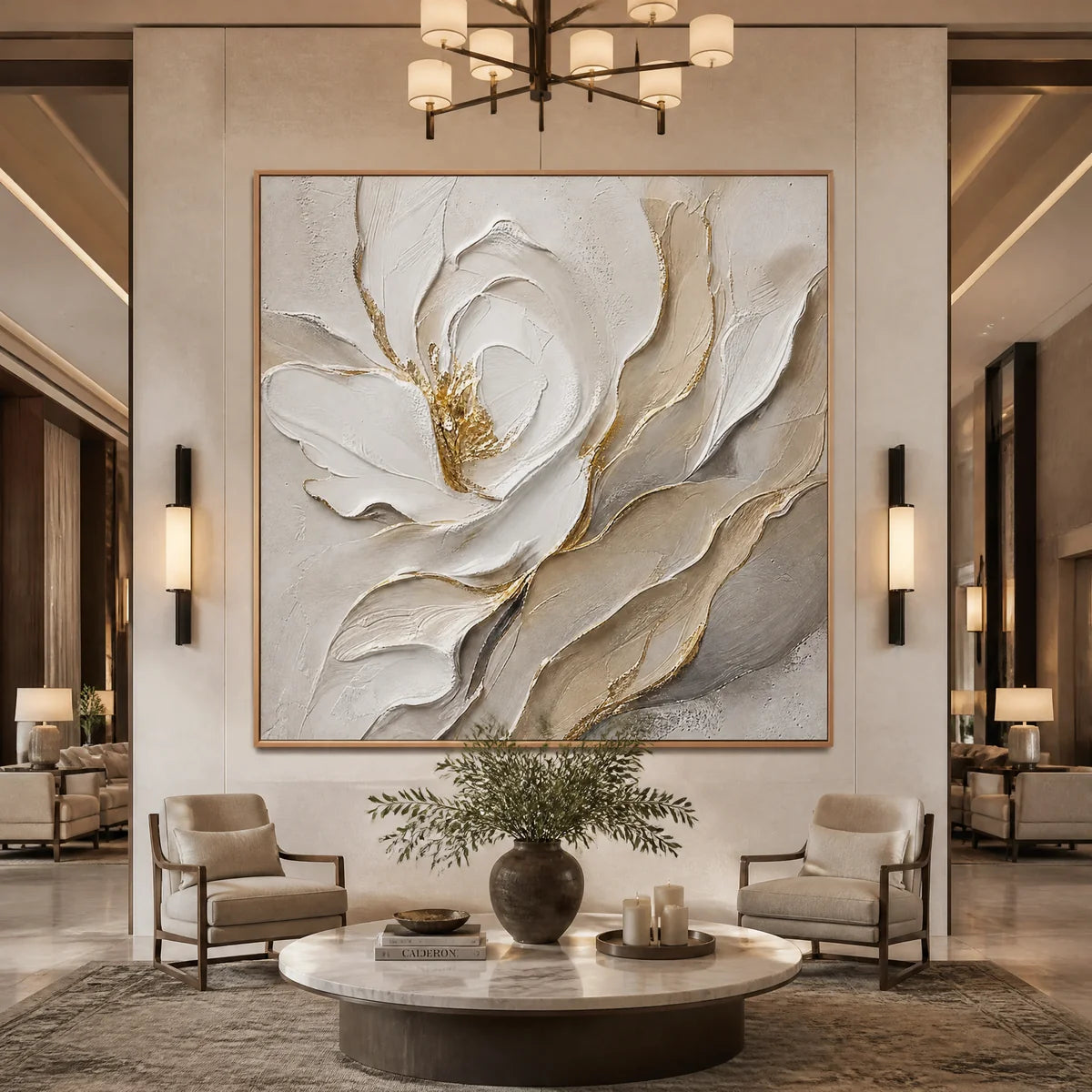Ivory Magnolia Relief in a refined hotel interior with wood frame