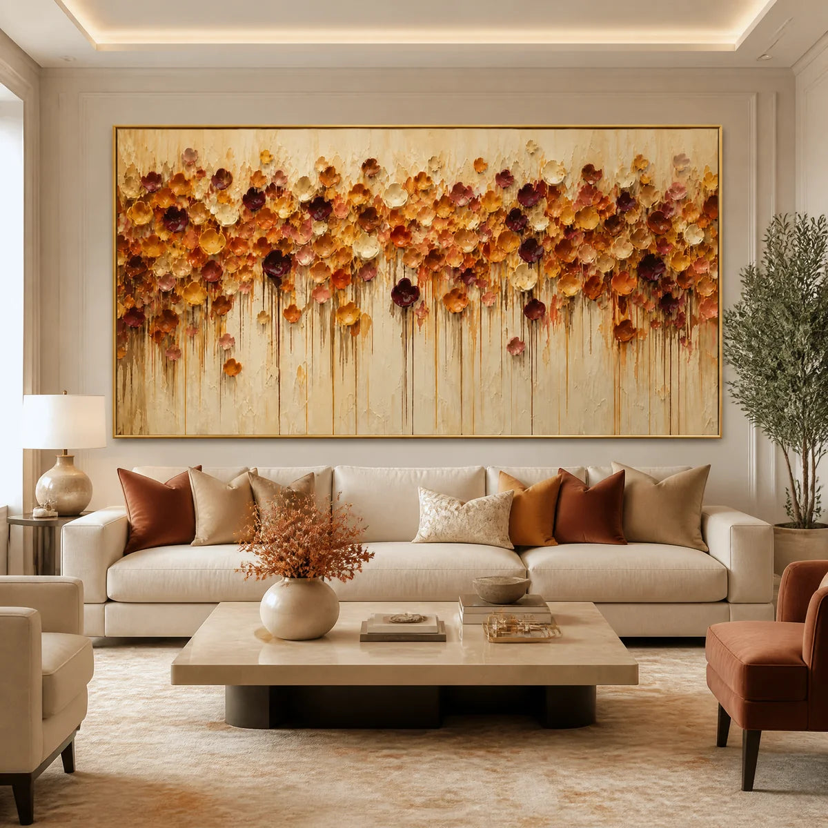 Amber Bloom Cascade in a refined living room with gold frame