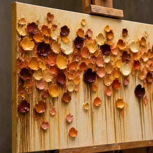 Close-up detail of Amber Bloom Cascade showing hand-painted texture and part of the frame