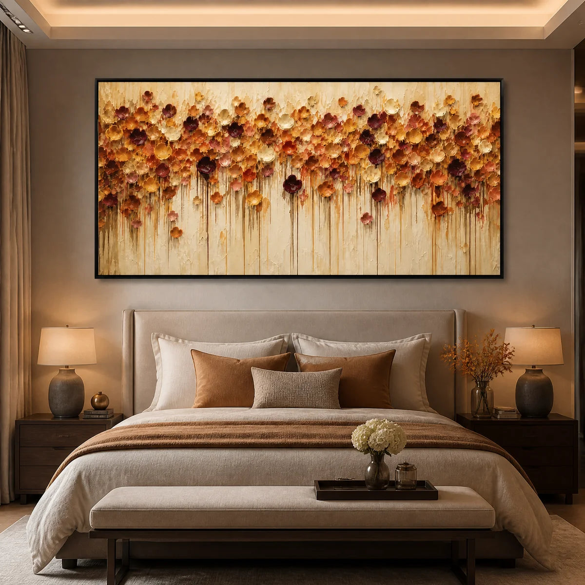 Amber Bloom Cascade in a refined bedroom with black frame