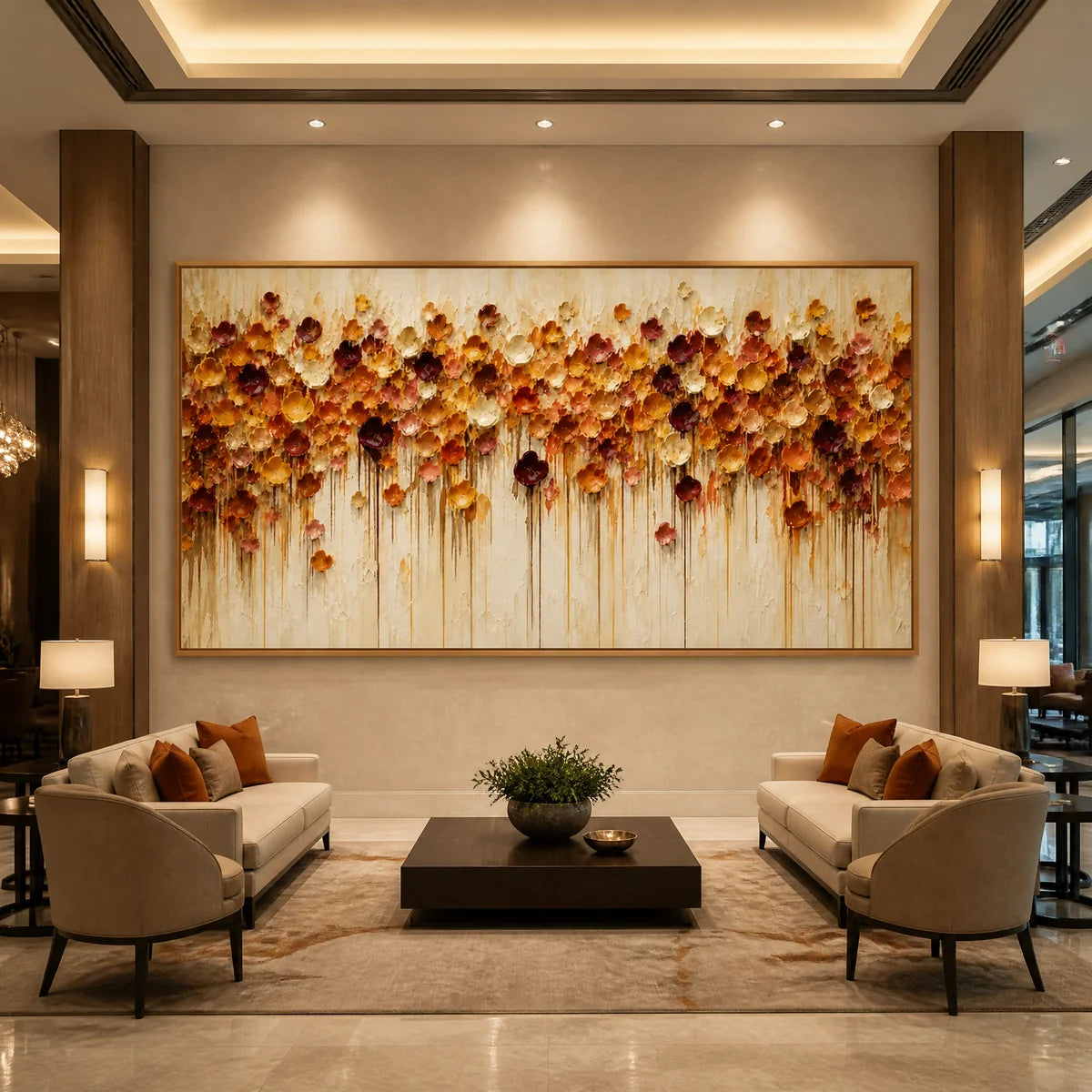 Amber Bloom Cascade in a refined hotel interior with wood frame