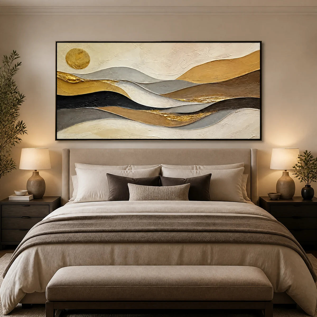 Desert Current in a refined bedroom with black frame