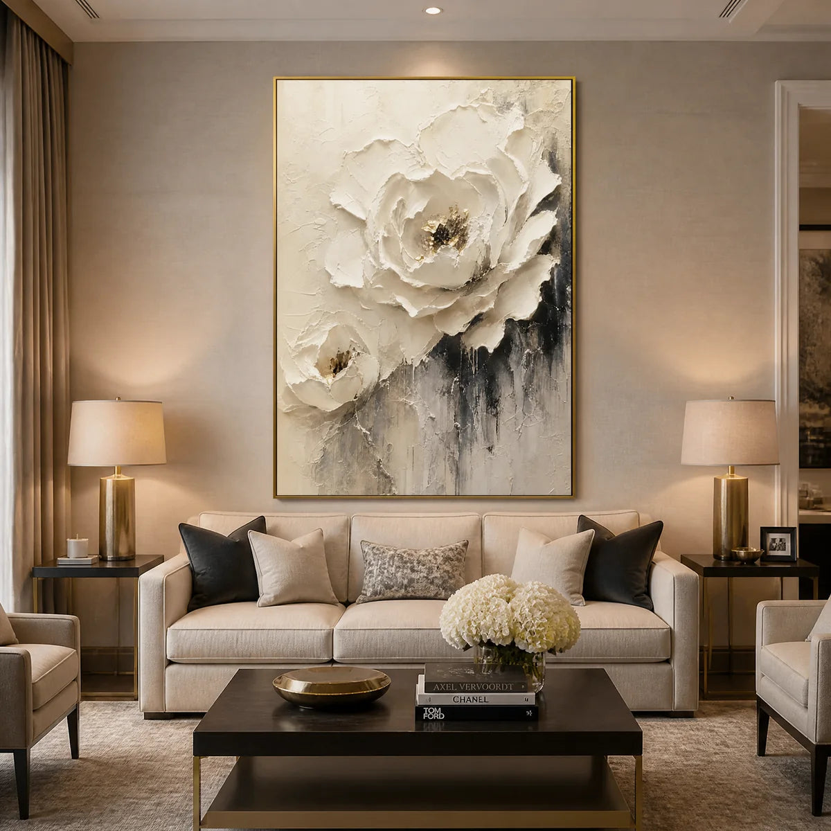 Ivory Rose Relief in a refined living room with gold frame