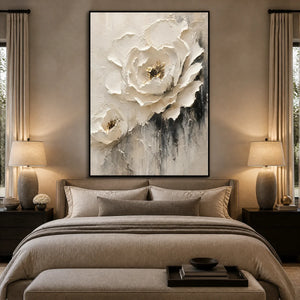 Ivory Rose Relief in a refined bedroom with black frame