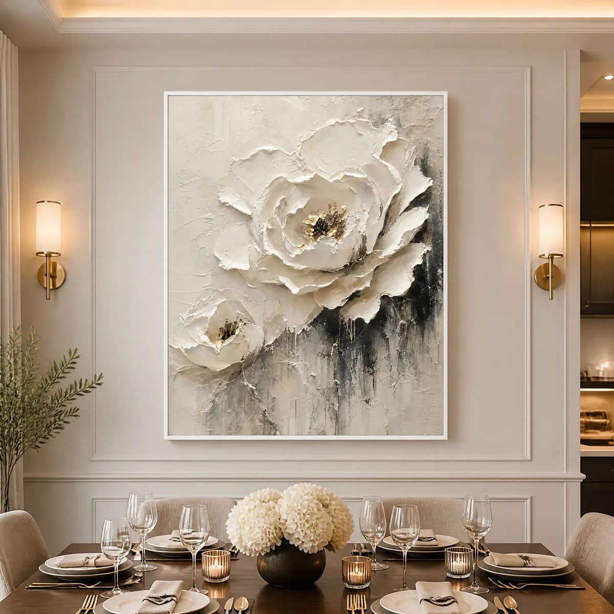 Ivory Rose Relief in a refined dining room with white frame