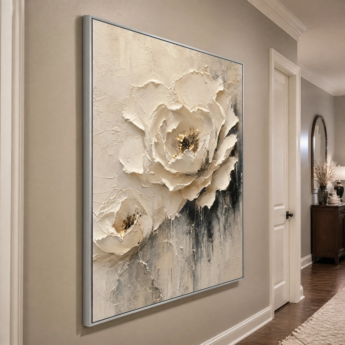 Ivory Rose Relief in a refined entry hall with silver frame