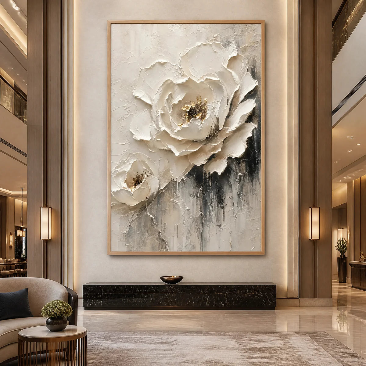 Ivory Rose Relief in a refined hotel interior with wood frame