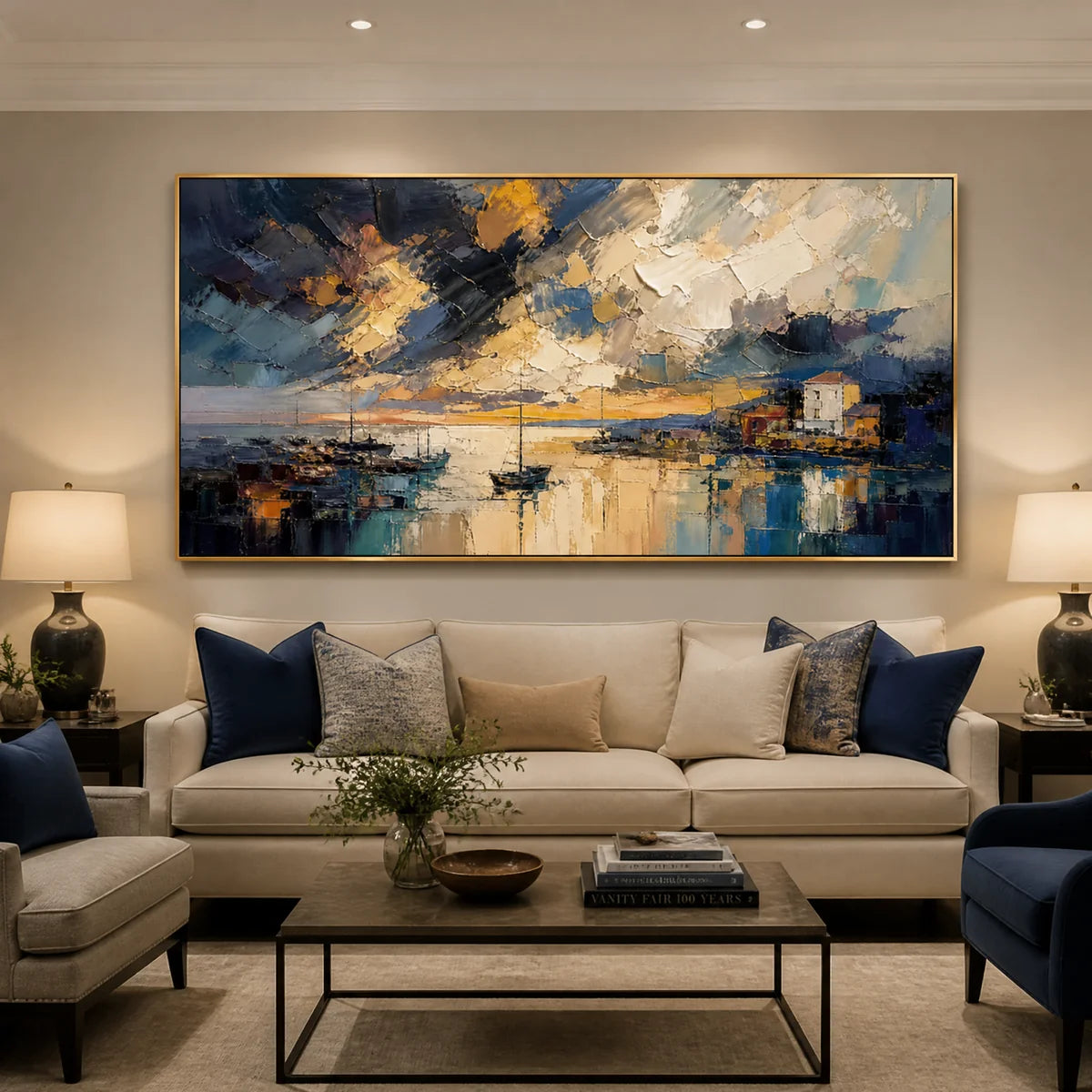 Midnight Harbor Light in a refined living room with gold frame