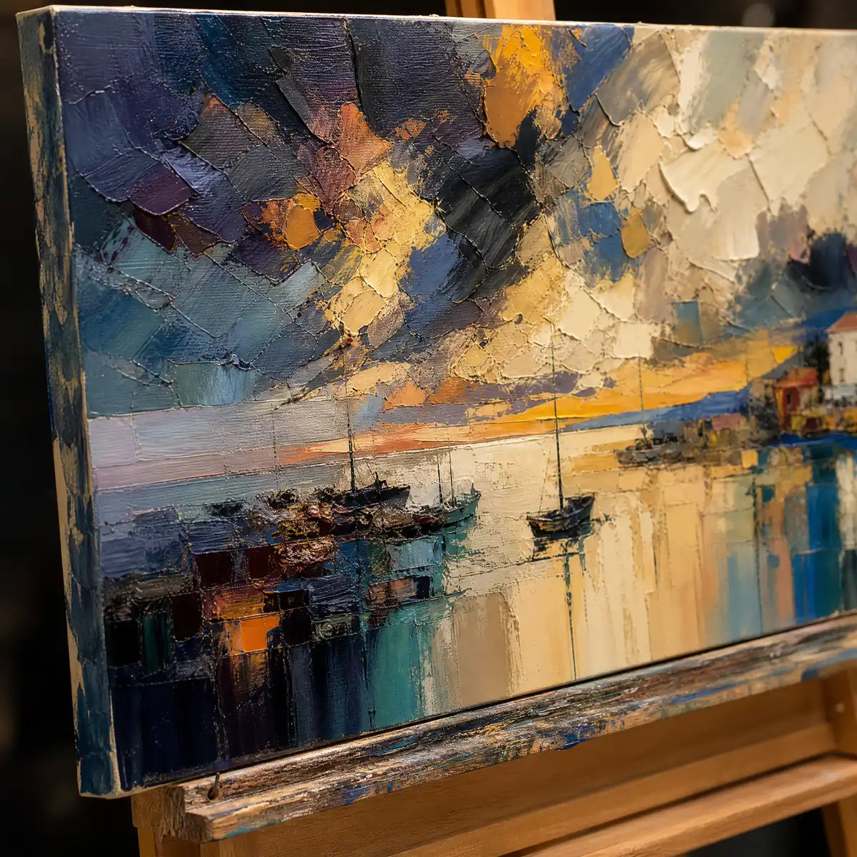 Close-up detail of Midnight Harbor Light showing hand-painted texture and part of the frame