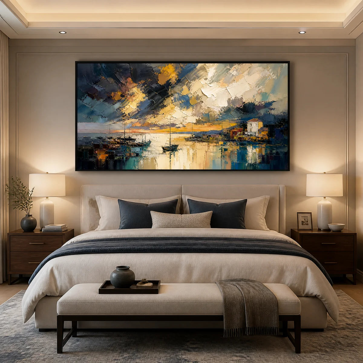 Midnight Harbor Light in a refined bedroom with black frame