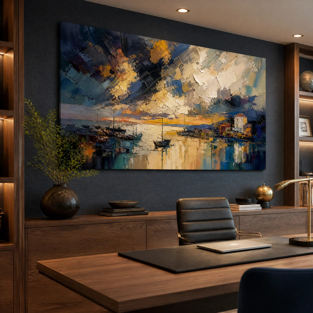 Midnight Harbor Light in a refined office, frameless