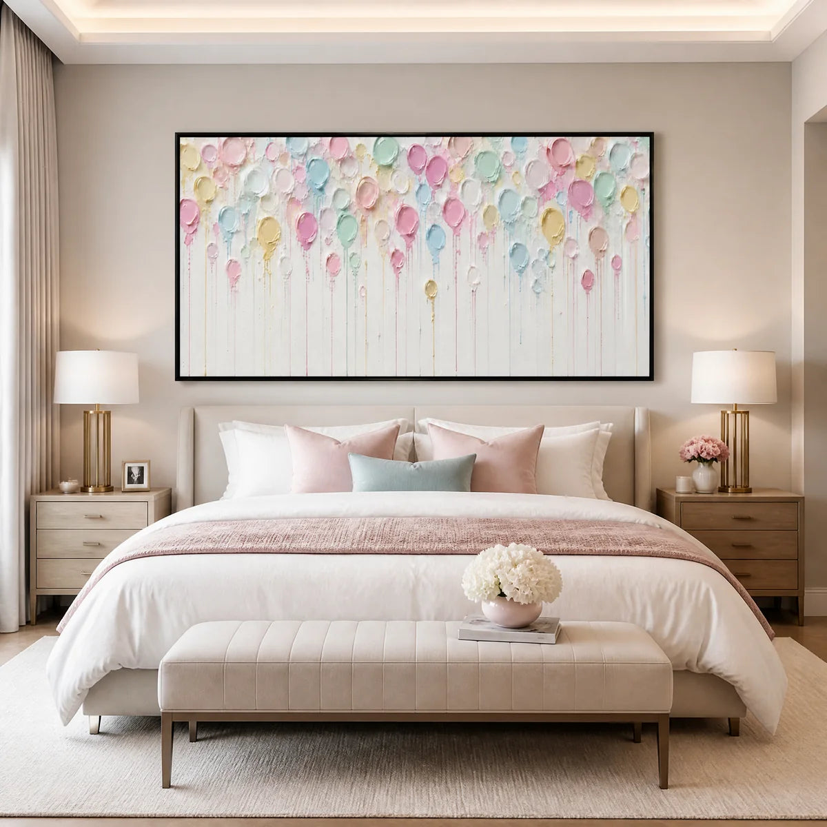 Pastel Petal Rain in a refined bedroom with black frame