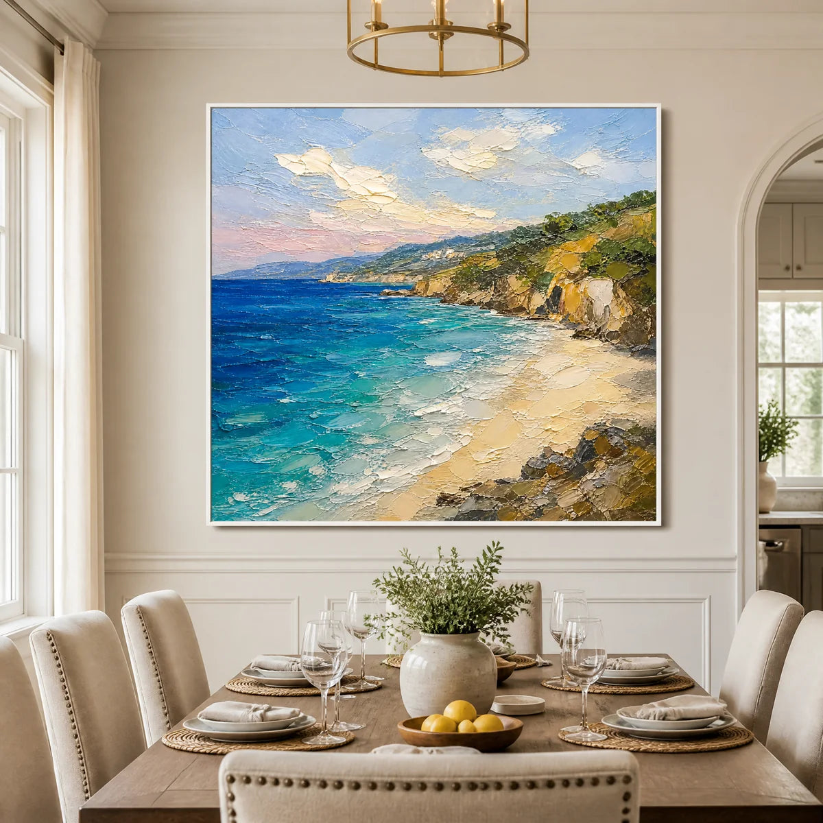 Cliffside Azure in a refined dining room with white frame