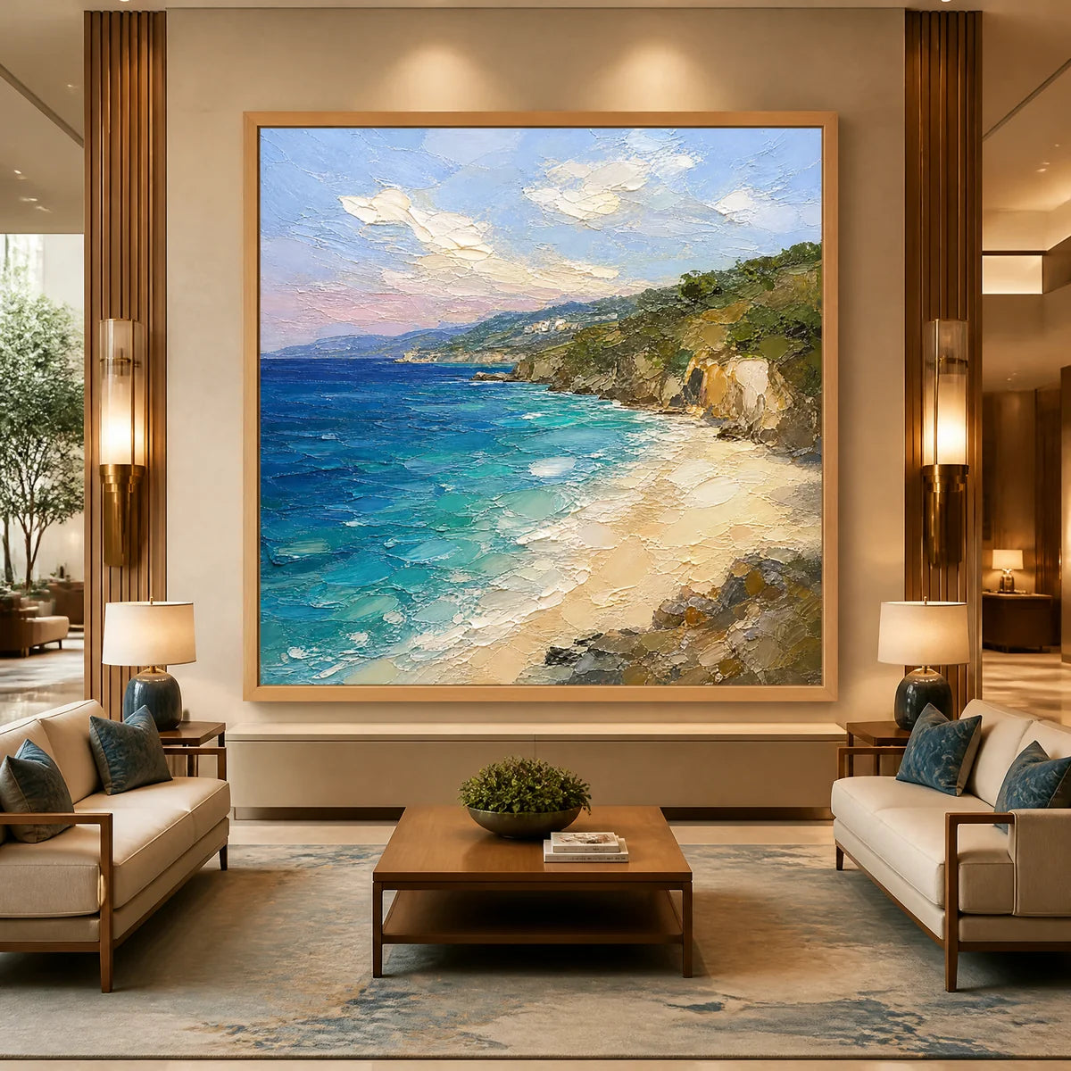 Cliffside Azure in a refined hotel interior with wood frame