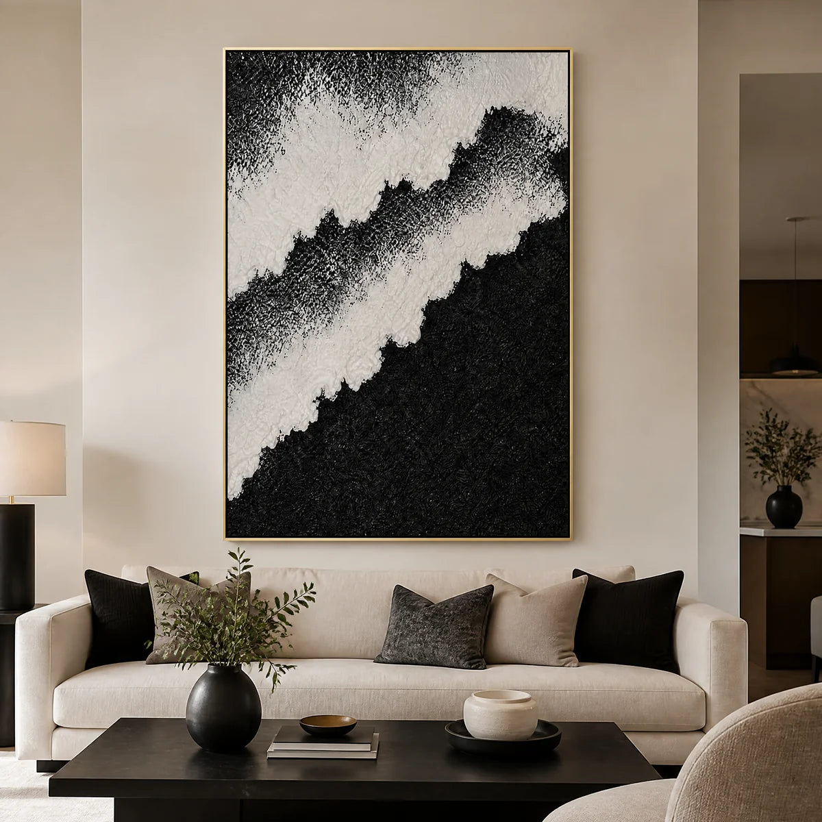 Monochrome Rift in a refined living room with gold frame