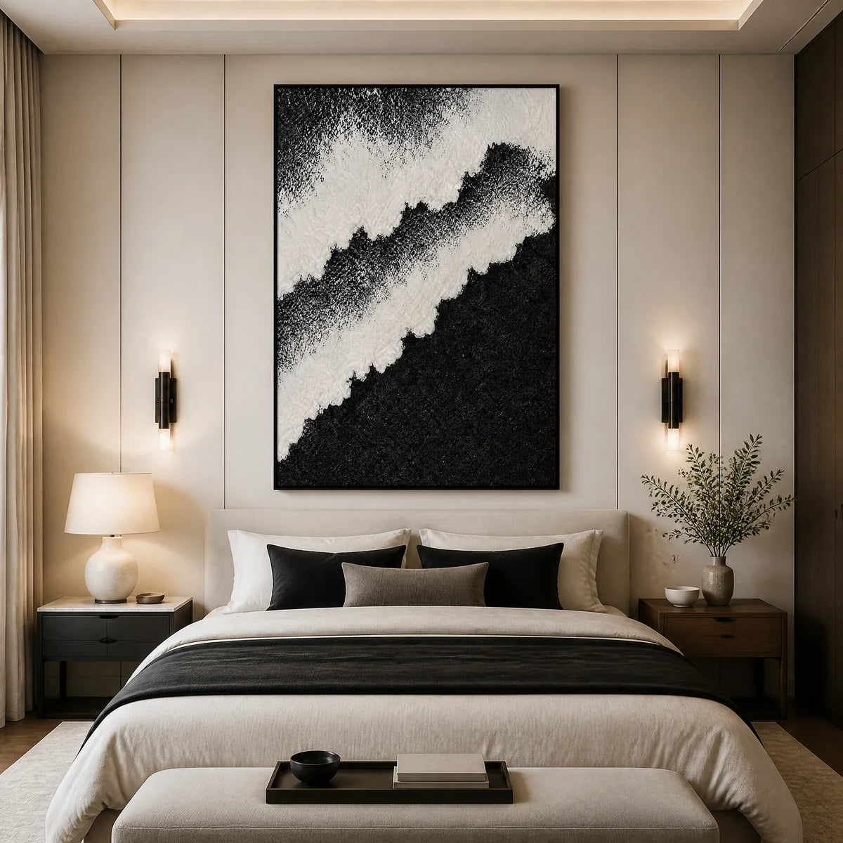 Monochrome Rift in a refined bedroom with black frame