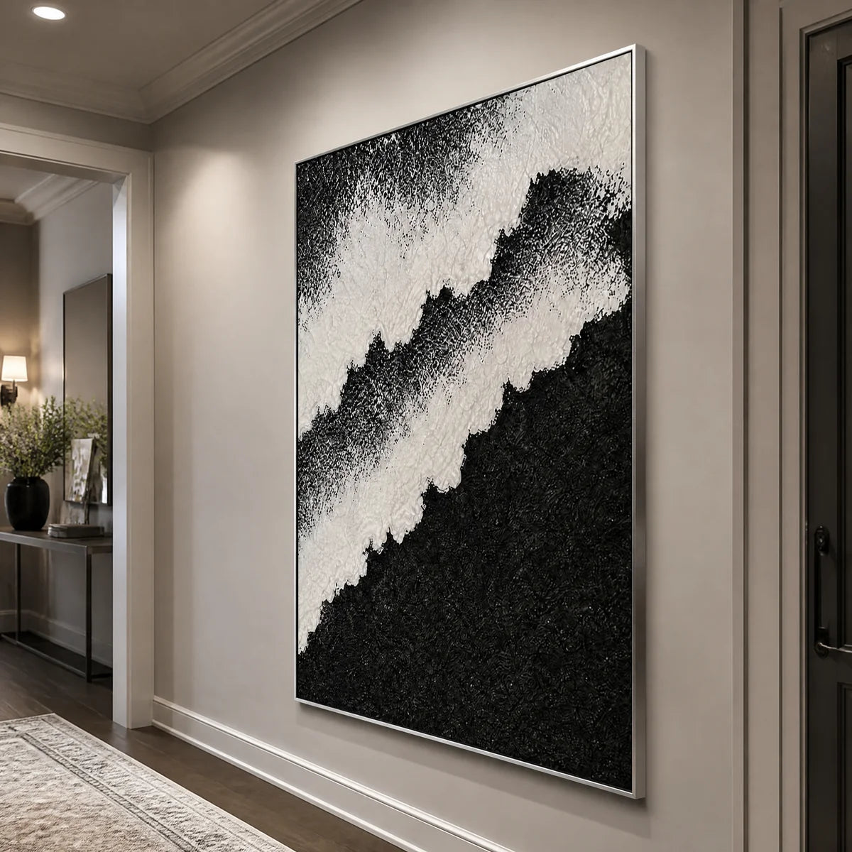 Monochrome Rift in a refined entry hall with silver frame