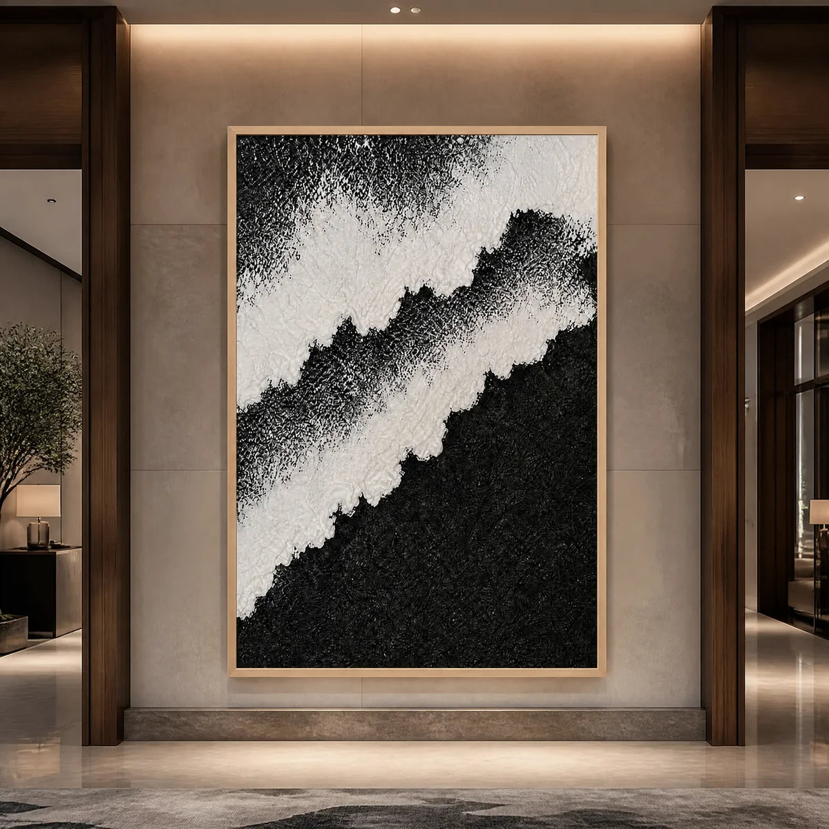 Monochrome Rift in a refined hotel interior with wood frame