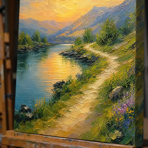 Close-up detail of Sunpath Valley showing hand-painted texture and part of the frame