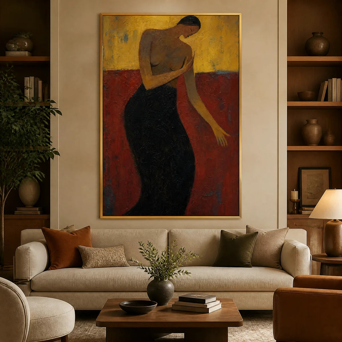 Crimson Poise in a refined living room with gold frame