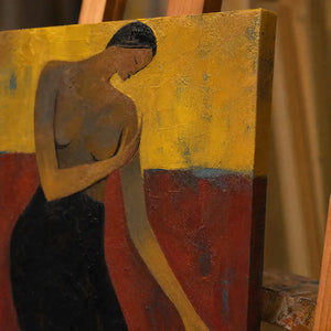 Close-up detail of Crimson Poise showing hand-painted texture and part of the frame