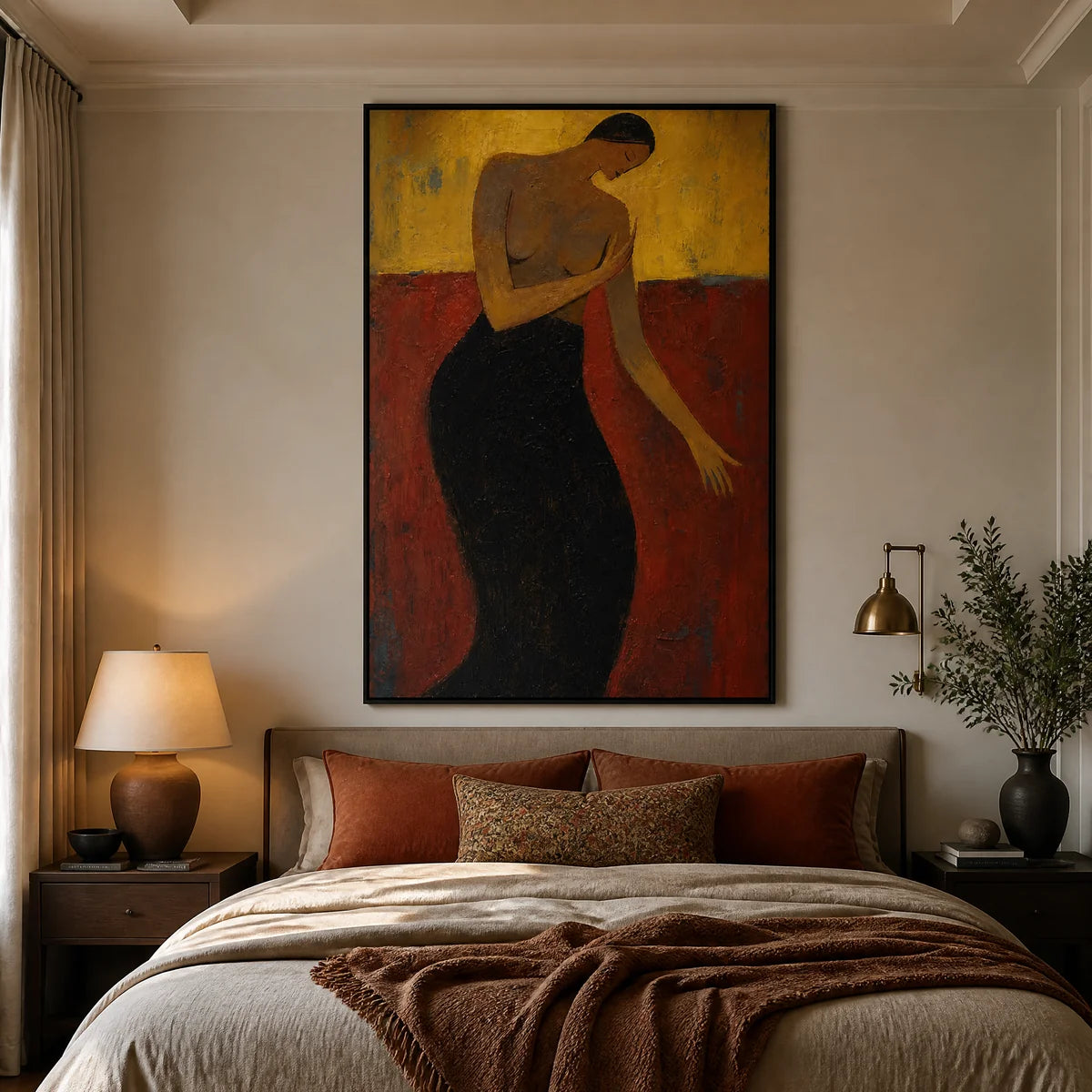 Crimson Poise in a refined bedroom with black frame