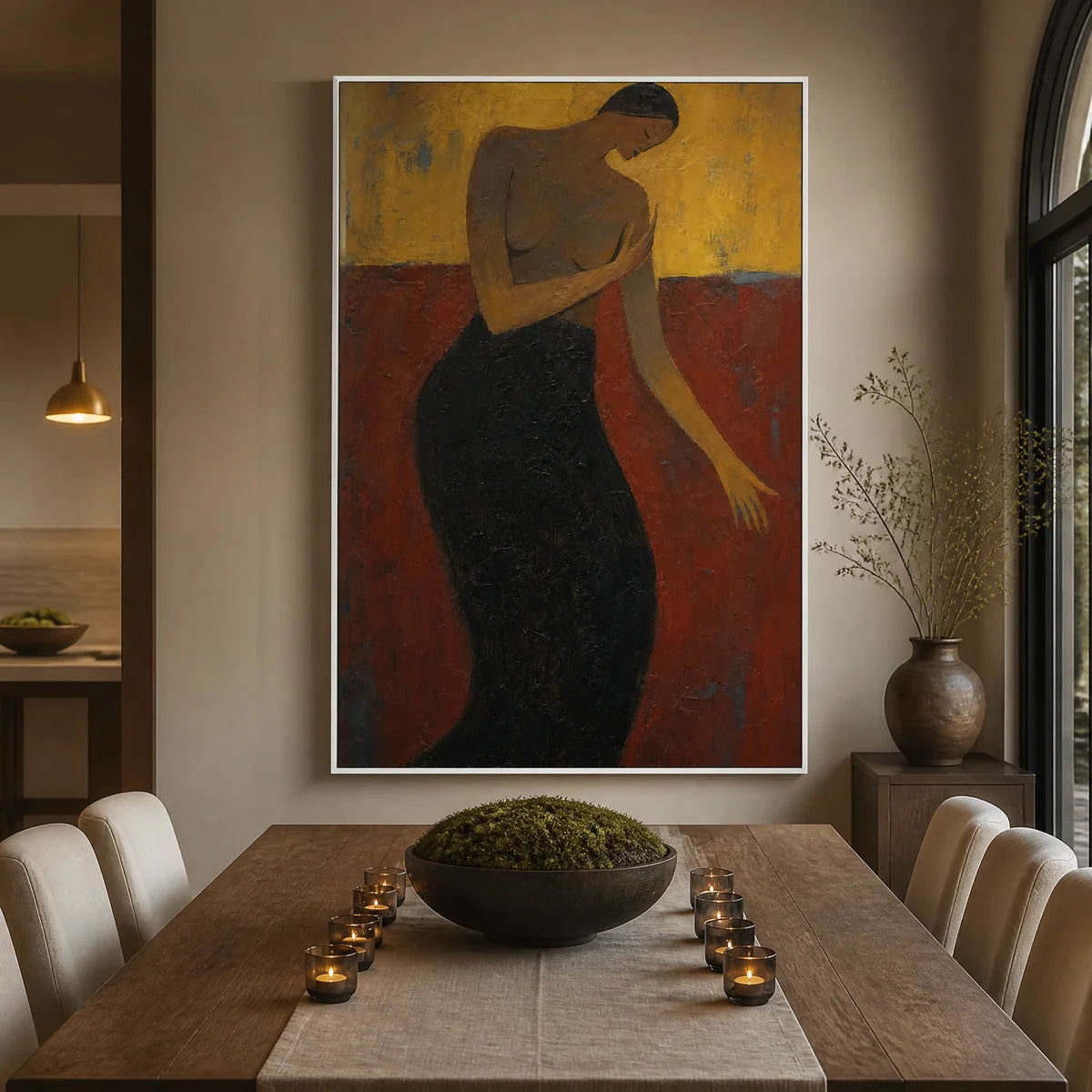 Crimson Poise in a refined dining room with white frame