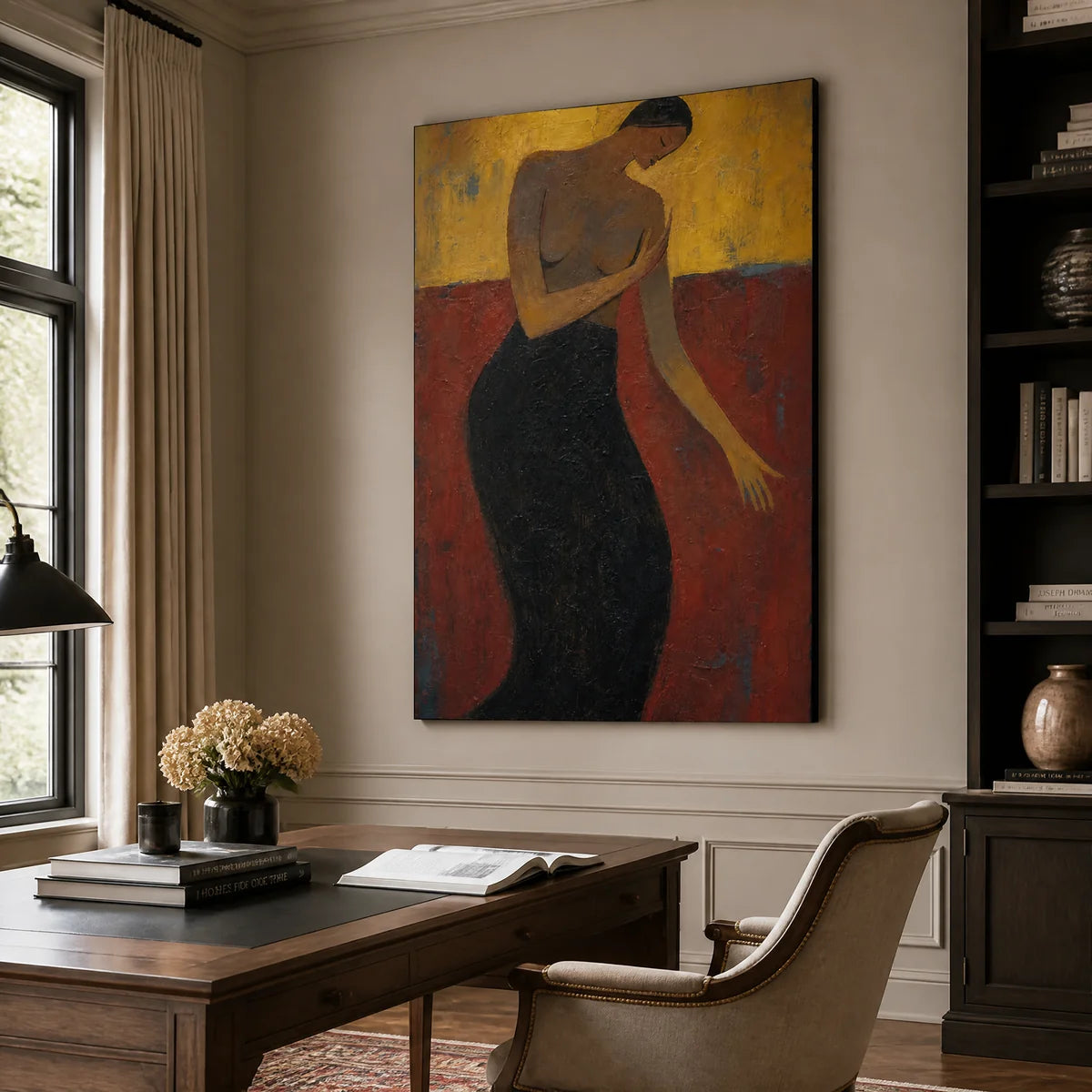 Crimson Poise in a refined office, frameless