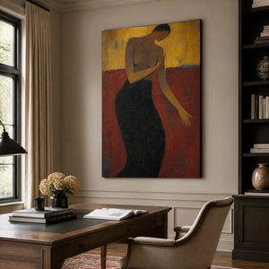 Crimson Poise in a refined office, frameless