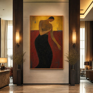 Crimson Poise in a refined hotel interior with wood frame