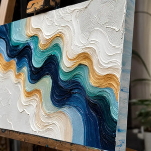 Close-up detail of Tidal Ribbon showing hand-painted texture and part of the frame
