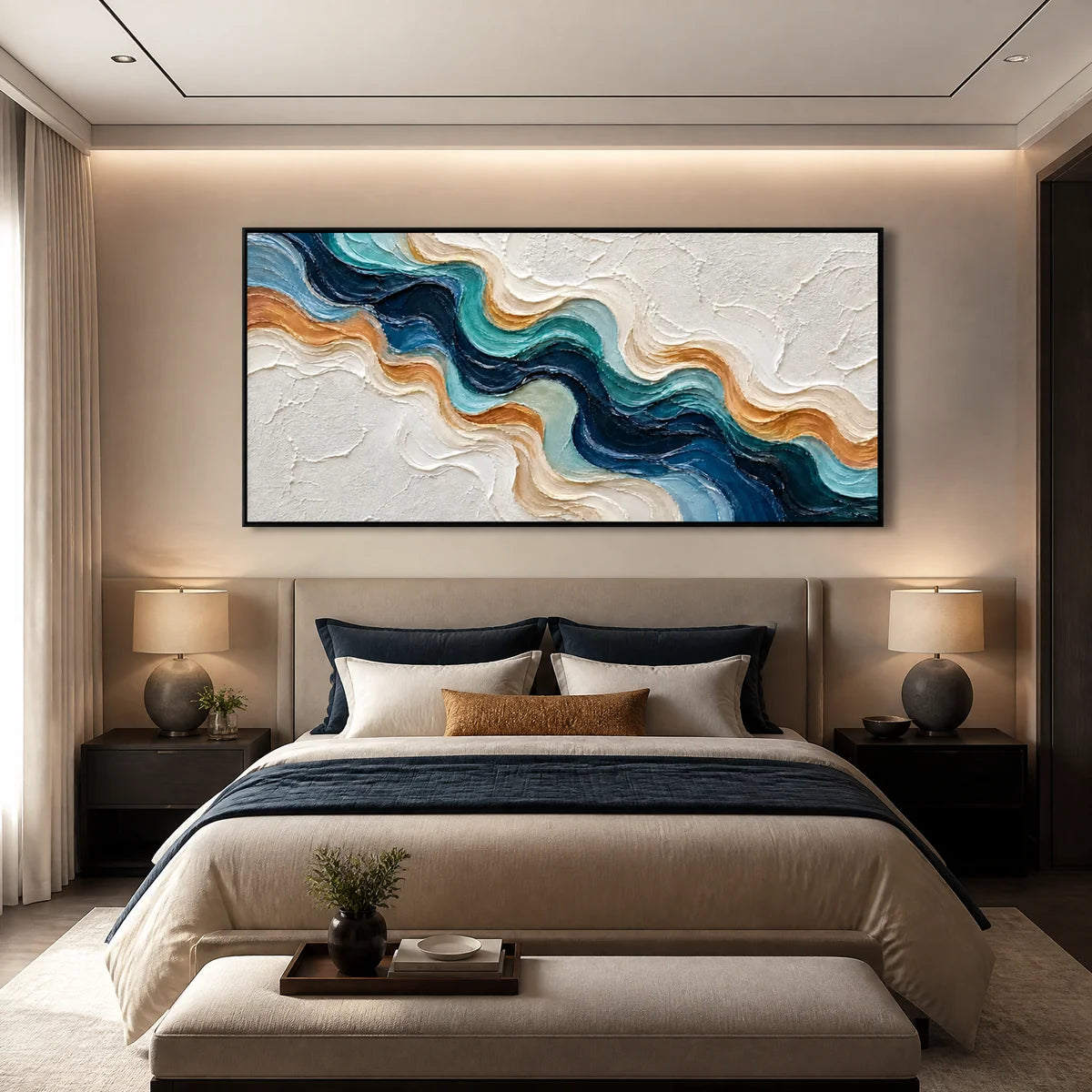 Tidal Ribbon in a refined bedroom with black frame