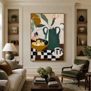 Checkered Still Life in a refined living room with gold frame