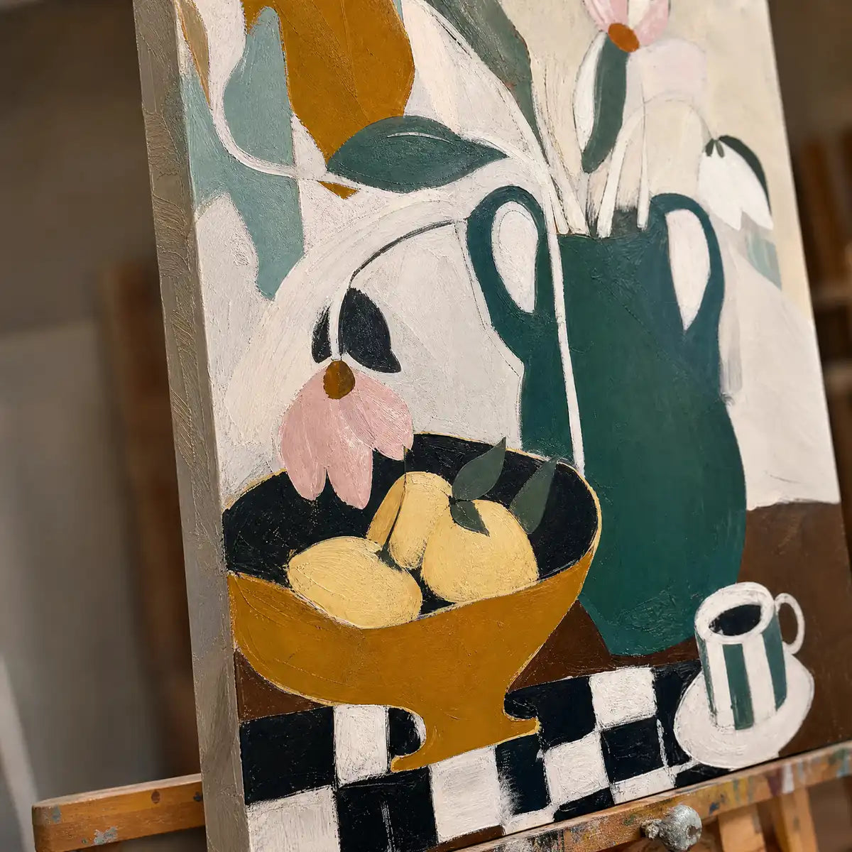 Close-up detail of Checkered Still Life showing hand-painted texture and part of the frame